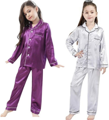 VDC CREATION Kids Nightwear Baby Boys & Baby Girls Self Design Pure Satin(Multicolor Pack of 2)