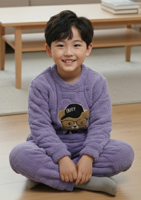 Keenuu Kids Nightwear Boys & Girls Self Design Fleece Blend(Grey Pack of 1)