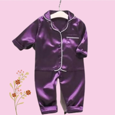 VC FASHION HUB Kids Nightwear Girls Self Design Pure Satin(Purple Pack of 1)