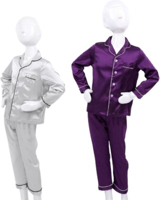 VC creation Kids Nightwear Baby Boys & Baby Girls Self Design Pure Satin(Purple Pack of 2)