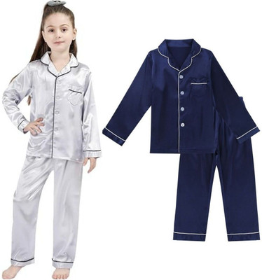 VCD FASHION TREND Kids Nightwear Baby Boys & Baby Girls Solid Pure Satin(Multicolor Pack of 2)