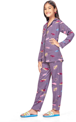 Bloem Kids Nightwear Girls Printed Cotton(Purple Pack of 1)