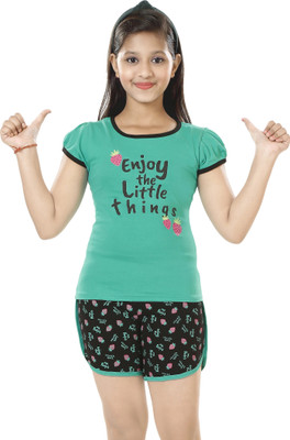 minipie Kids Nightwear Girls Printed Cotton(Green Pack of 1)