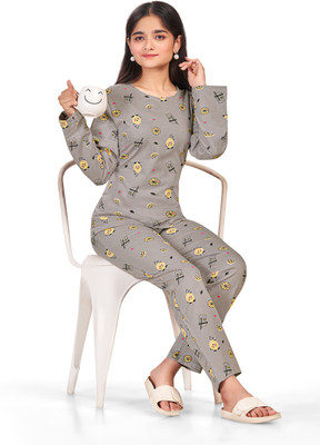 Blackballe Kids Nightwear Girls Printed Cotton(Grey Pack of 1)