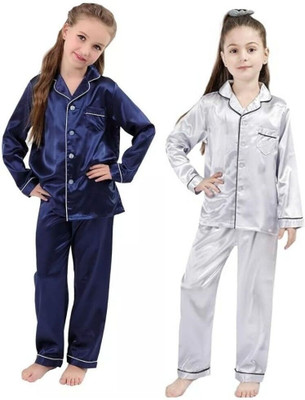 VDC CREATION Kids Nightwear Baby Boys & Baby Girls Solid Pure Satin(Multicolor Pack of 2)