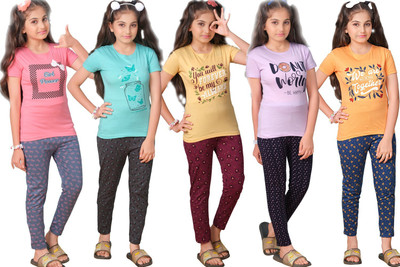 SK NAREN Kids Nightwear Girls Printed Cotton(Multicolor Pack of 5)