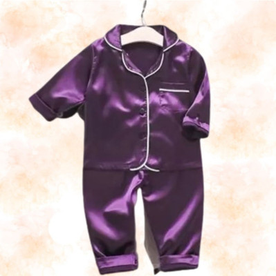 VC FASHION HUB Kids Nightwear Baby Boys & Baby Girls Self Design Pure Satin(Purple Pack of 1)