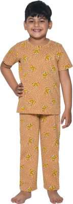 FunKrafts Kids Nightwear Girls Printed Cotton(Brown Pack of 1)