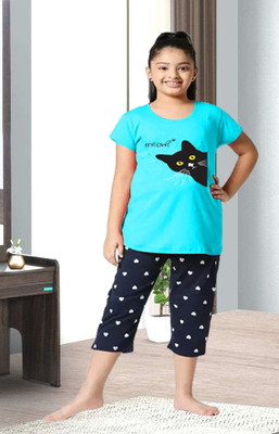 DRUZZEE Kids Nightwear Girls Printed Cotton Blend(Blue Pack of 1)