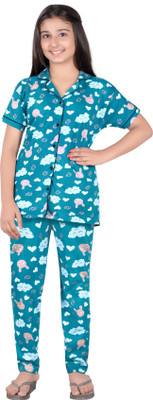Blackballe Kids Nightwear Girls Printed Cotton(Blue Pack of 1)