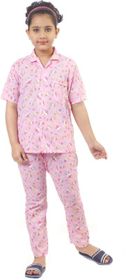 KJD Kids Nightwear Girls Printed Cotton Blend(Pink Pack of 1)