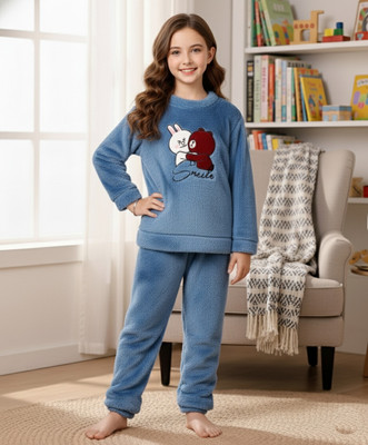 Keenuu Kids Nightwear Boys & Girls Self Design Fleece Blend(Blue Pack of 1)