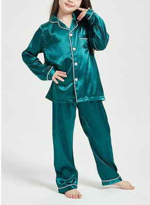 VCD FASHION HUB Kids Nightwear Boys & Girls Solid Pure Satin(Dark Green Pack of 1)