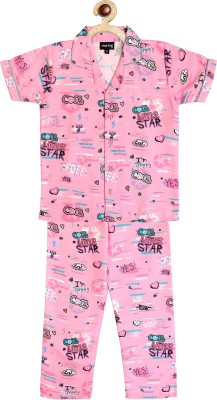 Sand Dune Kids Nightwear Girls Graphic Print Cotton Blend(Pink Pack of 1)