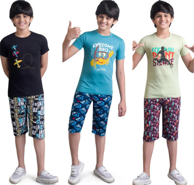SVD Fashion Kids Nightwear Boys Printed Cotton Blend(Multicolor Pack of 3)