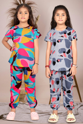 OM Fashion Girls Casual T-shirt Pant(SATRANGI+GREY)