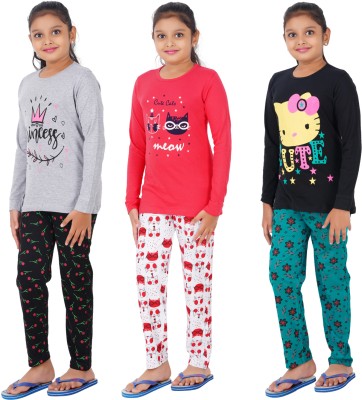 MIST N FOGG Kids Nightwear Girls Printed Cotton Blend(Multicolor Pack of 3)