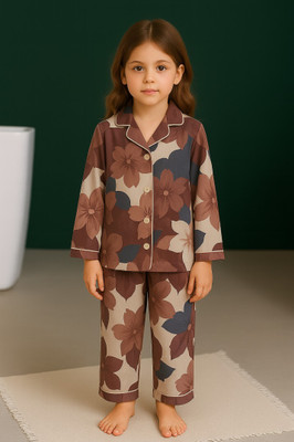 PAMMISTAR Kids Nightwear Girls Floral Print Cotton Blend(Brown Pack of 1)