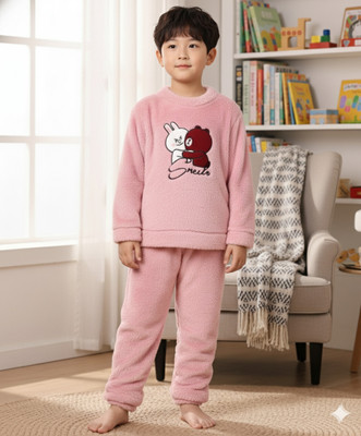 Keenuu Kids Nightwear Boys & Girls Solid Fleece Blend(Pink Pack of 1)