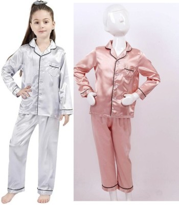 VDC FASHION HUB Kids Nightwear Baby Boys & Baby Girls Self Design Pure Satin(Multicolor Pack of 2)