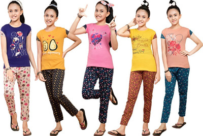 SK NAREN Kids Nightwear Girls Printed Cotton(Multicolor Pack of 5)