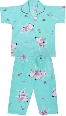 Wishkaro Kids Nightwear Girls Printed Cotton Blend(Green Pack of 1)