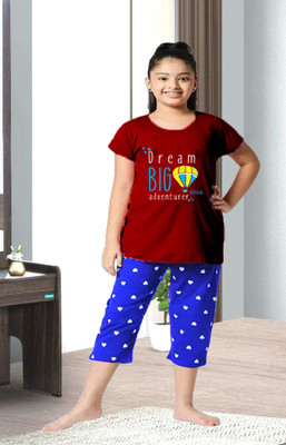 DRUZZEE Kids Nightwear Girls Printed Cotton Blend(Maroon Pack of 1)