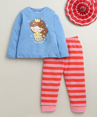 BUMZEE Kids Nightwear Girls Graphic Print Cotton(Dark Blue Pack of 1)