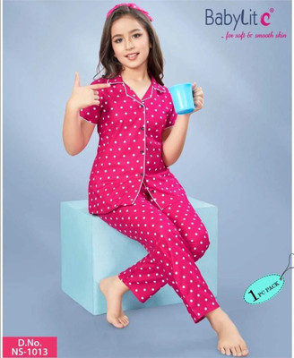 babylite Kids Nightwear Girls Polka Print Cotton(Pink Pack of 1)