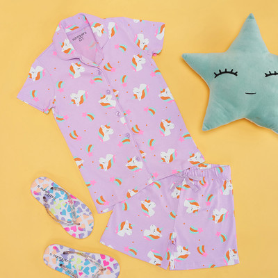 Pantaloons Junior Kids Nightwear Girls Printed Cotton Blend(Purple Pack of 1)