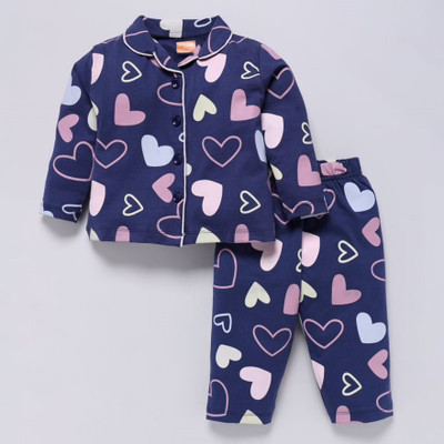 Snuggly Monkey Kids Nightwear Girls Graphic Print Cotton(Blue Pack of 1)