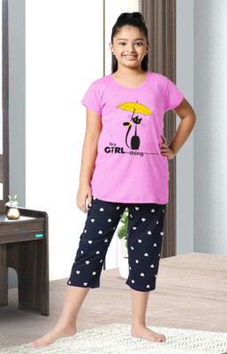 DRUZZEE Kids Nightwear Girls Printed Cotton Blend(Pink Pack of 1)