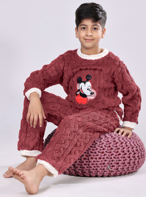 Stem Rope Kids Nightwear Boys & Girls Self Design Fleece Blend(Maroon Pack of 1)