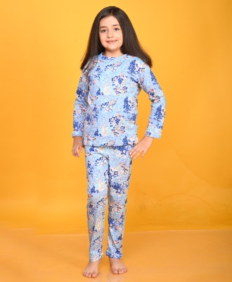 anthrilo Kids Nightwear Girls Printed Cotton Blend(Blue Pack of 1)