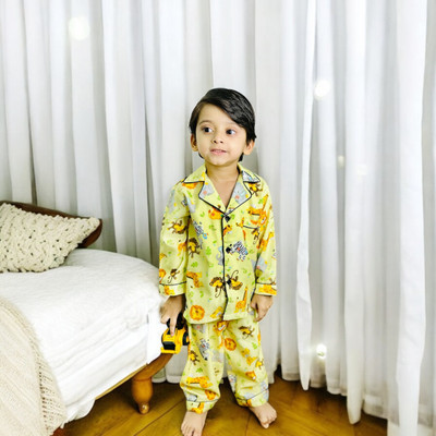 Coziko Kids Nightwear Baby Boys & Baby Girls Printed Cotton, Poly Satin(Yellow Pack of 1)