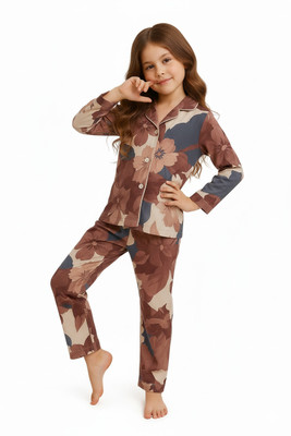 4JSTAR Kids Nightwear Boys & Girls Printed Polyester Blend(Brown Pack of 1)