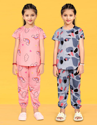 JNVADDORIYA Kids Nightwear Girls Printed Cotton(Multicolor Pack of 2)