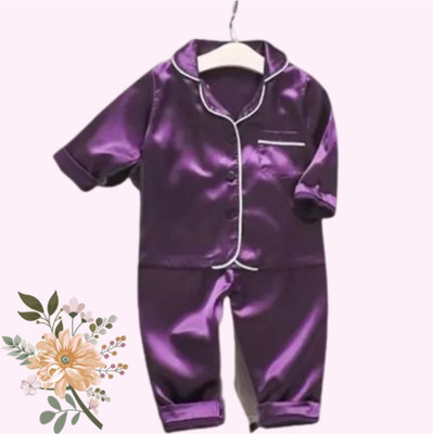 VC FASHION HUB Kids Nightwear Girls Solid Pure Satin(Purple Pack of 1)