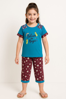 Malli Kids Nightwear Girls Printed Cotton Blend(Blue Pack of 1)