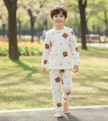 Keenuu Kids Nightwear Boys & Girls Printed Fleece Blend(White Pack of 1)