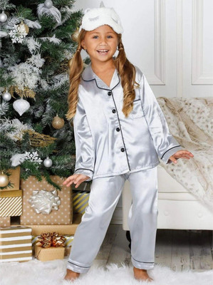VCD FASHION TREND Kids Nightwear Boys & Girls Solid Pure Satin(Grey Pack of 1)