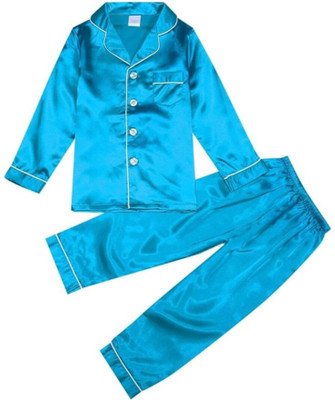 VC FASHION HUB Kids Nightwear Girls Solid Pure Satin(Light Blue Pack of 1)