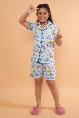 Bloem Kids Nightwear Girls Graphic Print Cotton(Light Blue Pack of 1)