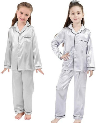 VDC CREATION Kids Nightwear Baby Boys & Baby Girls Self Design Pure Satin(Multicolor Pack of 2)