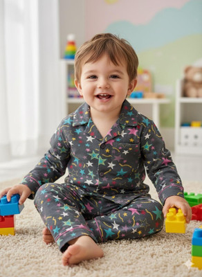 TONY & JONY Kids Nightwear Boys & Girls Printed Cotton(Grey Pack of 1)