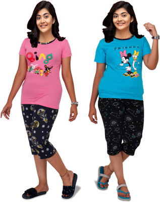CNT Kids Nightwear Girls Printed Cotton Blend(Multicolor Pack of 2)