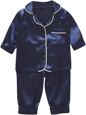 VCD FASHION TREND Kids Nightwear Boys & Girls Solid Pure Satin(Dark Blue Pack of 1)