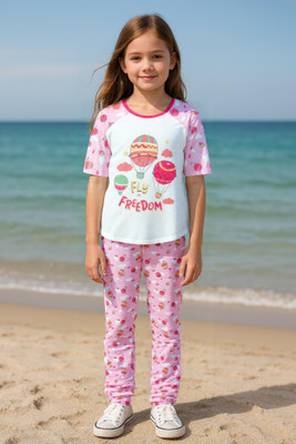 Clothe Funn Kids Nightwear Girls Printed Cotton(Pink Pack of 1)