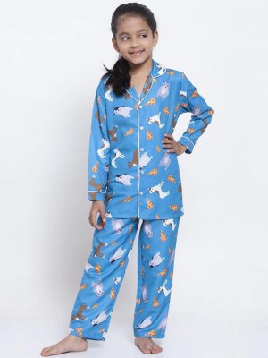 AVIYAN ENTERPRISE Kids Nightwear Girls Printed Cotton Blend(Blue Pack of 1)