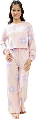 li'l tomatoes Kids Nightwear Girls Floral Print Cotton(Pink Pack of 1)